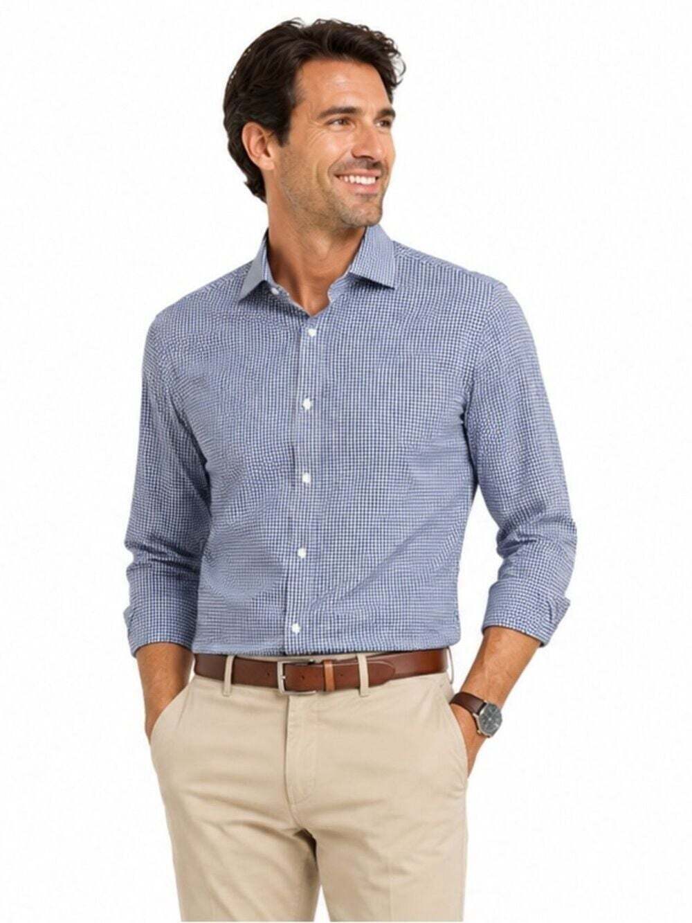 Michael KORS Blue Skim Fit Gingham Long Sleeved Dress Shirt -Requires Cufflinks